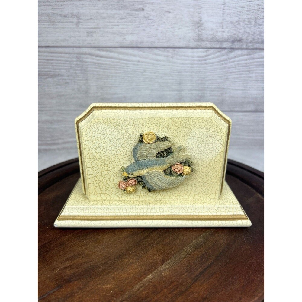 Vintage Crackle Letter Holder Blue Bird & Pink Roses Cottagecore Farmhouse Decor